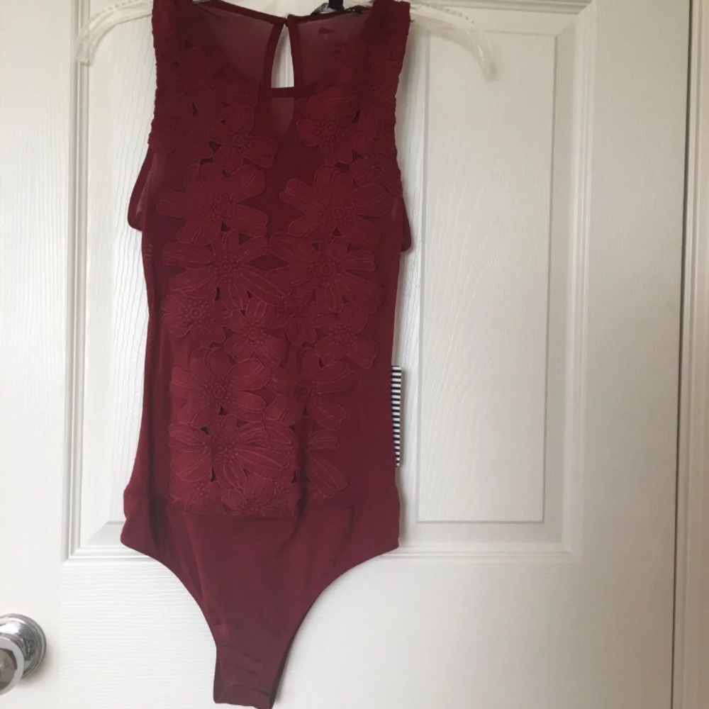 Velvet red flower mesh bodysuit cute